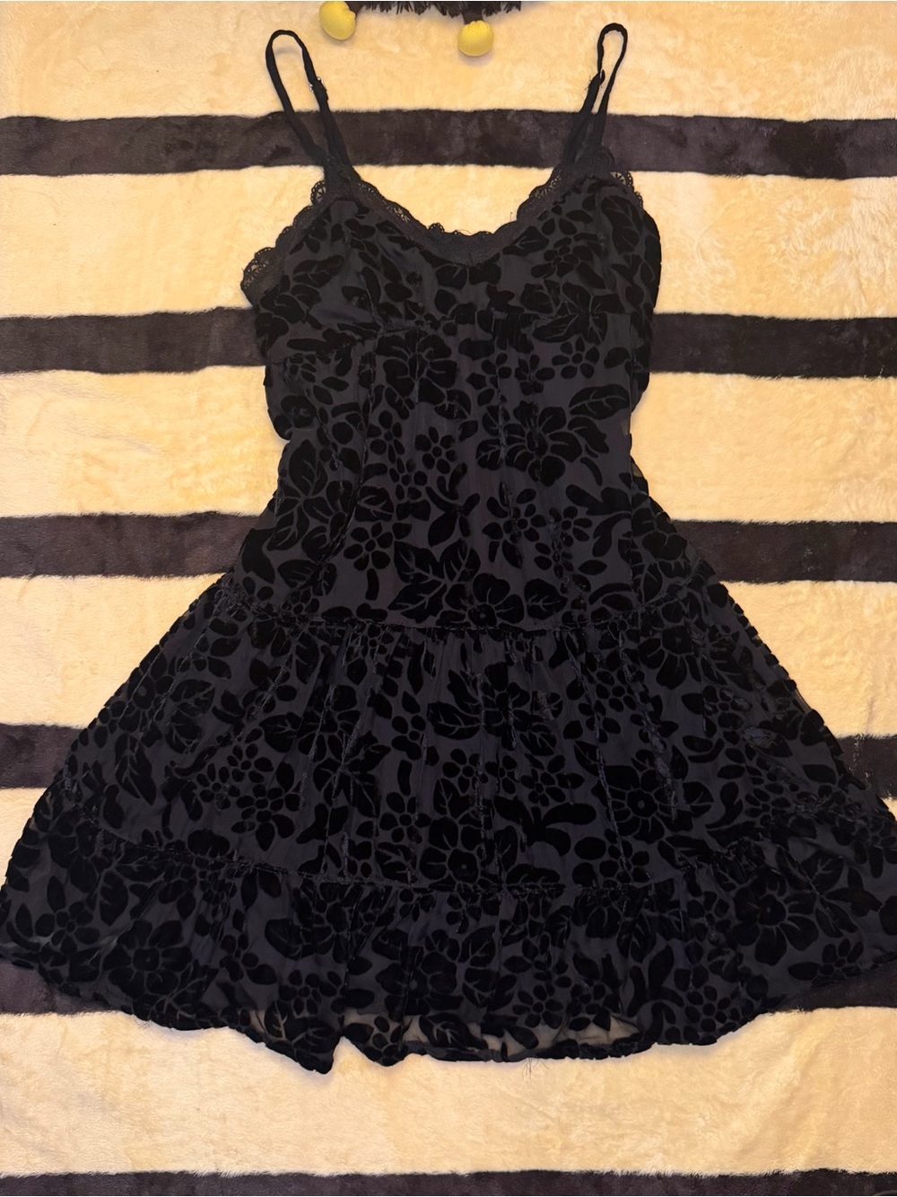 NWT Angie Black Floral Burnout Velvet Camisole Dress Lace Trim Size S
